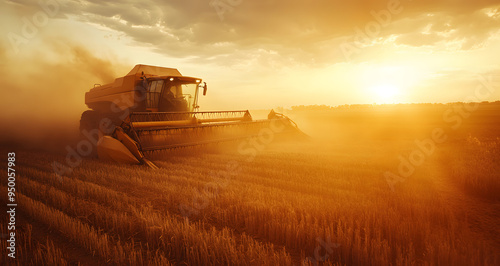 Cinematic Photograph of a Modern Red Harvester Working in a Vast Field, Capturing the Efficiency and Power of Agricultural Machinery in Action, Ideal for Illustrating Themes of Modern Farming, Agricul photo