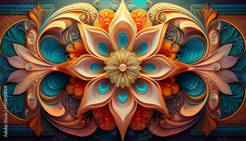 This abstract background features a high-definition 3D digital illustration showing an elaborate flower decoration on a ceiling against a visually appealing and well-textured wallpaper background.
