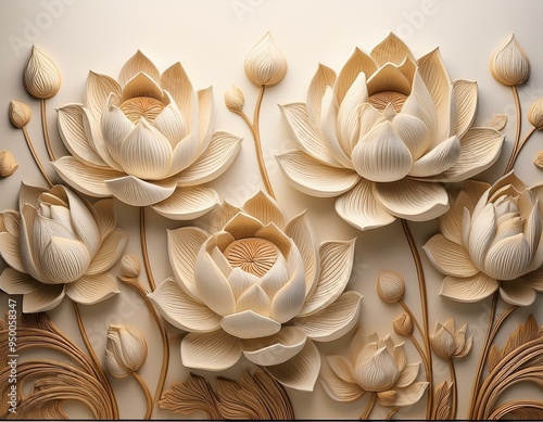 There is a stucco artwork of lotus flowers arranged in a serene pattern across the wall.