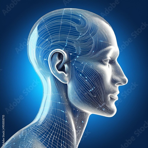 This illustration depicts a human ear in wireframe low poly style on a blue background.