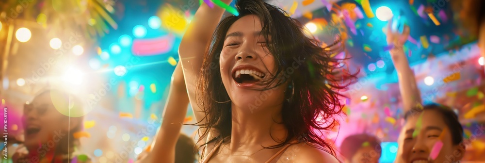 Obraz premium Asian woman dances at beach club surrounded by group of young people celebrating with colorful lights and confetti. Joyful atmosphere, vibrant party, nightlife scene.