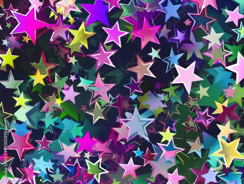 A colorful starry sky with many different colored stars. The stars are scattered all over the sky and are of various sizes. The sky is filled with a sense of wonder and excitement