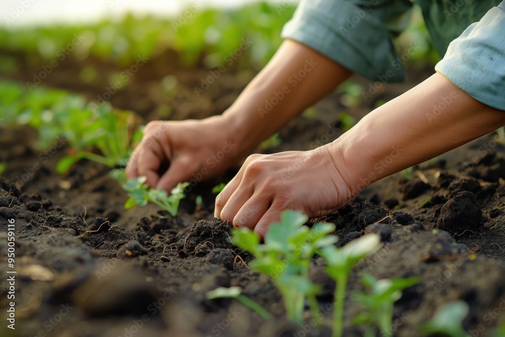 Close-up of farmer hand checking soil health before planting seedling. Hand holds small plant, touches earth, examines dirt. Man in summer, gardening concept.