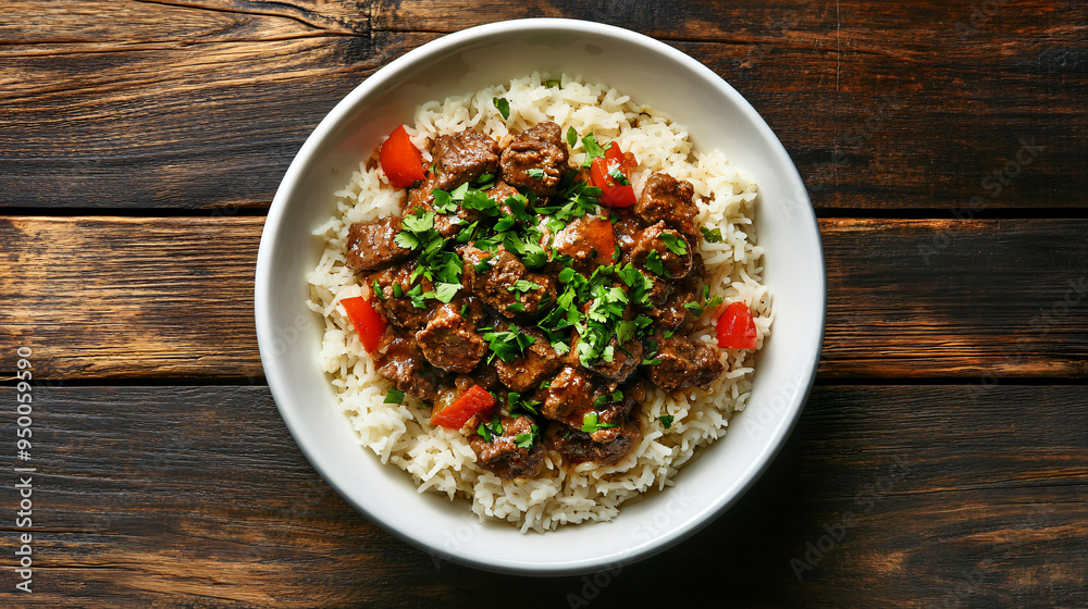 Aerial view of a rustic wooden table with a white bowl of mouthwatering beef stew, served over rice and garnished with fresh herbs Aerial view of a rustic wooden table with a white bowl of mouthwatering beef stew, served over rice and garnished with fresh herbs