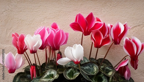 This stucco art consists of Cyclamen flowers in shades of pink, red, or white, adding a splash of color and elegance to the wall.