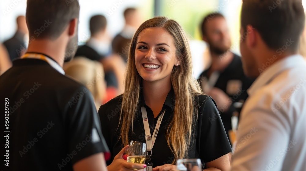 Smiling Woman Talking to a Man at a Conference Smiling Woman Talking to a Man at a Conference