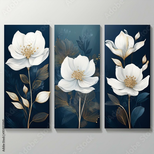 Three art posters with white flowers on dark blue backgrounds
