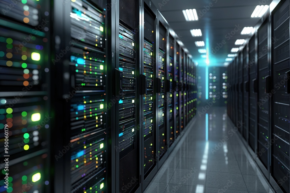 Fototapeta premium Servers in data center room with high-density storage systems. 3D rendering of computer network infrastructure. Racks with servers, storage devices, and connectivity equipment.