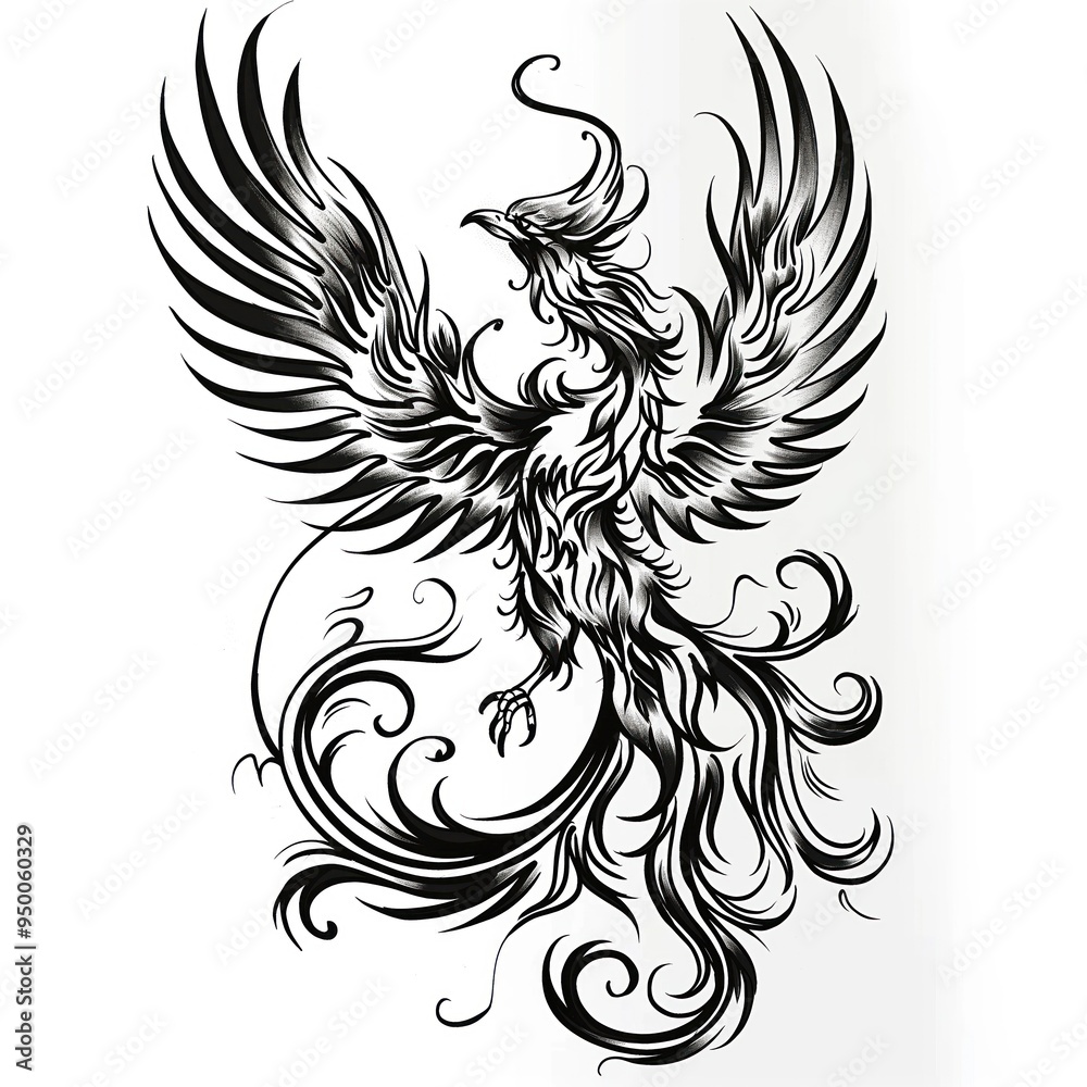 A majestic phoenix illustration in black and white. Fantasy theme tattoo design features bold lines, intricate details, and a striking isolated on white graphic artwork. A majestic phoenix illustration in black and white. Fantasy theme tattoo design features bold lines, intricate details, and a striking isolated on white graphic artwork.