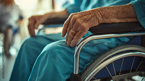 Elderly man in wheelchair using mobility aid in medical facility