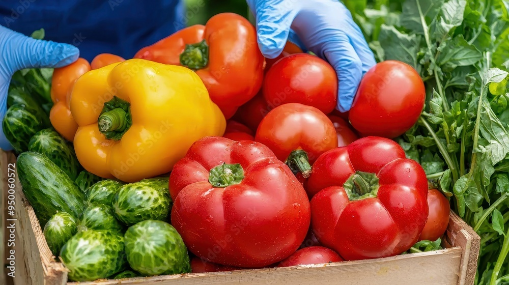 Freshly harvested vegetables in a wooden crate, featuring vibrant tomatoes, peppers, and cucumbers, ready for market display.