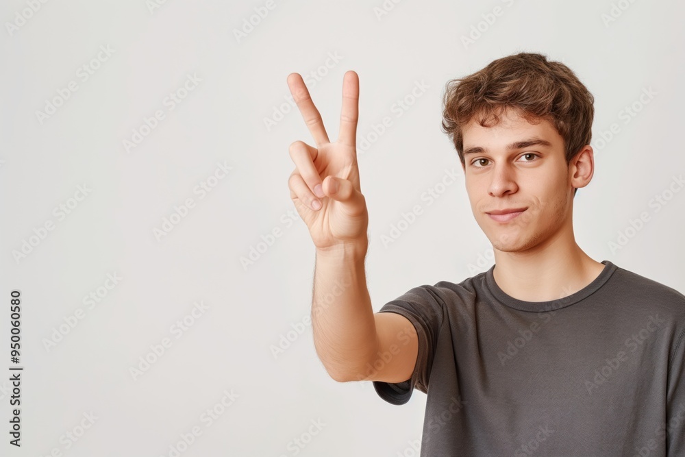 Young caucasian man with curly hair makes peace sign with right hand. Fingers forming circle. Gray t-shirt. Man face turned towards camera. Gaze directed straight at viewer. Plain white background Young caucasian man with curly hair makes peace sign with right hand. Fingers forming circle. Gray t-shirt. Man face turned towards camera. Gaze directed straight at viewer. Plain white background