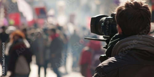 A man is filming a protest with a camera. The crowd is large and the man is in the middle of the action