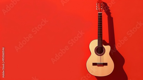 Frontal view of a guitar hanging in mid-air above red background. Classic acoustic instrument isolated on white space. Music sound waves emanate from the guitar. photo