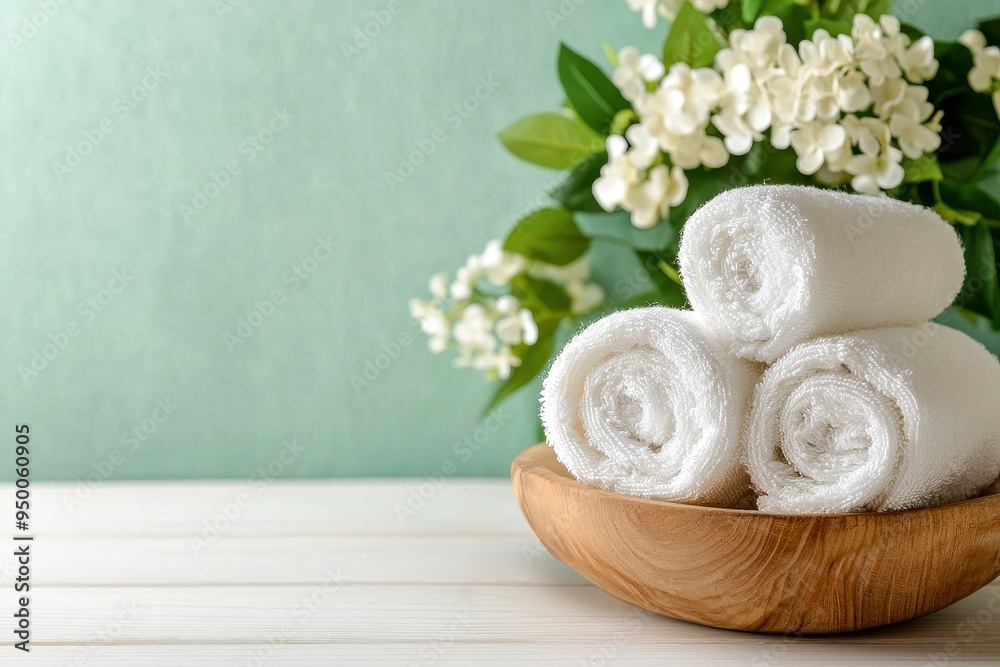 Stylish arrangement of rolled white towels and fresh flowers in a wooden bowl, perfect for wellness and relaxation themes. Stylish arrangement of rolled white towels and fresh flowers in a wooden bowl, perfect for wellness and relaxation themes.