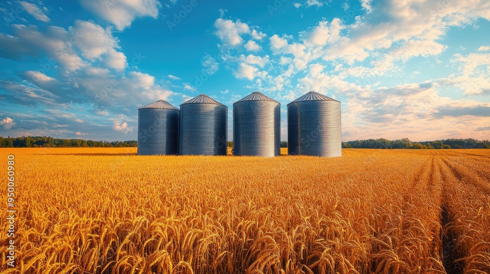 Grain silos standing in wheat field under cloudy sky Grain silos standing in wheat field under cloudy sky