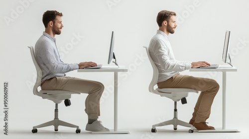 Two businessmen sitting at desk with good and bad posture