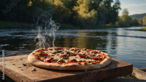 Hot, freshly baked pizza with melted cheese and smoke wafting up, on a picnic table by a gently flowing river. photo