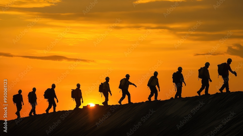 Fototapeta premium Group of engineers walking on construction site at sunset time