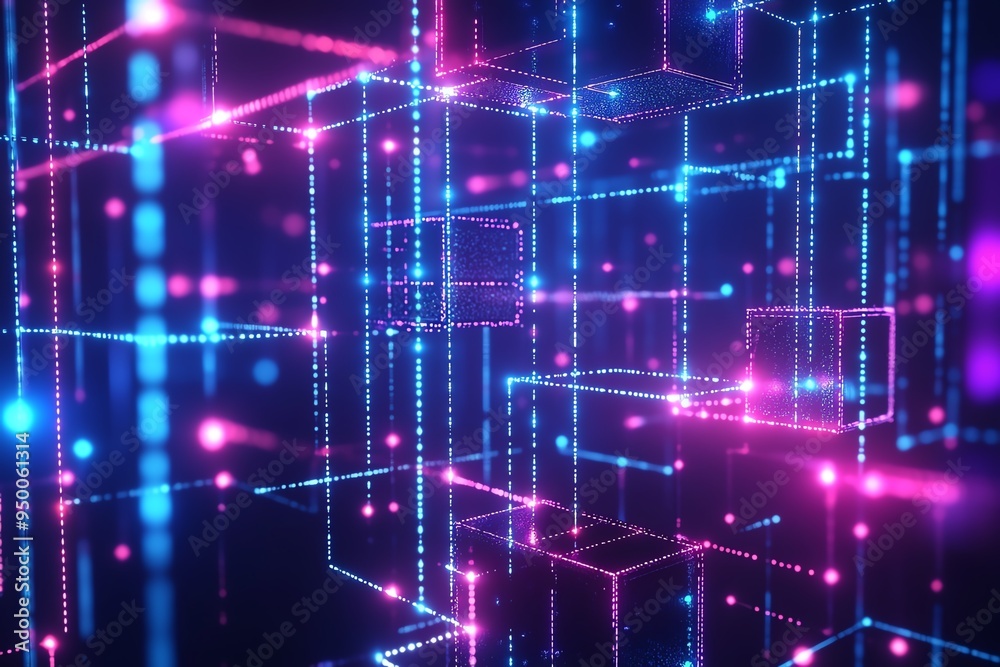 Futuristic digital grid with neon lights in blue and pink, representing technology, data, and cyber connectivity in a virtual network. Futuristic digital grid with neon lights in blue and pink, representing technology, data, and cyber connectivity in a virtual network.