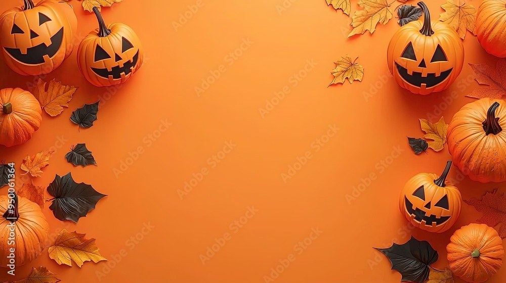 Several jack-o'-lanterns with cheerful expressions are arranged on an orange background, scattered with autumn leaves, creating a festive and joyous Halloween scene for celebratory decor. Several jack-o'-lanterns with cheerful expressions are arranged on an orange background, scattered with autumn leaves, creating a festive and joyous Halloween scene for celebratory decor.
