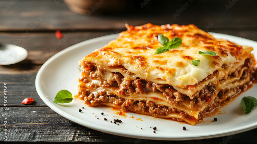 Mouthwatering Homemade Lasagna Dish on Rustic Wooden Table Mouthwatering Homemade Lasagna Dish on Rustic Wooden Table