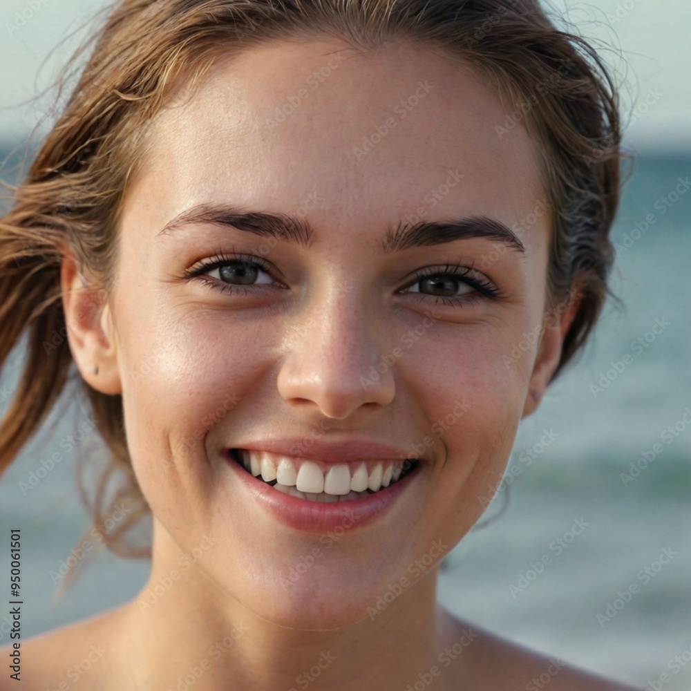 Close-up of smiling young woman in sea side Close-up of smiling young woman in sea side