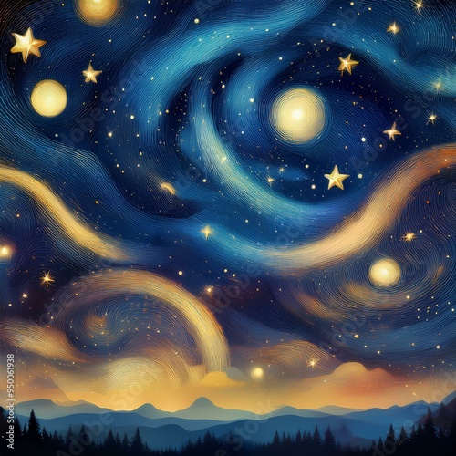 Wallpaper tilable pattern of sky in style of Vicent Van Gogh Starry Night photo