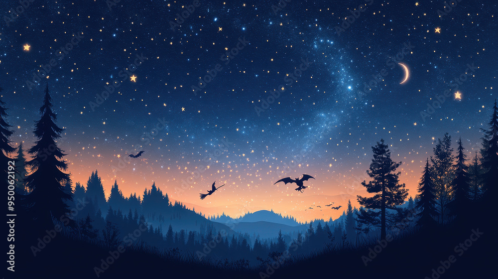 Starry night landscape with mountains, moonlit trees silhouetted against the dark blue sky and bat Starry night landscape with mountains, moonlit trees silhouetted against the dark blue sky and bat