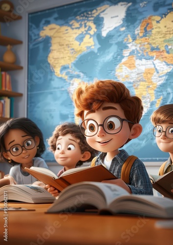 Cartoon illustration of three children reading a book together.