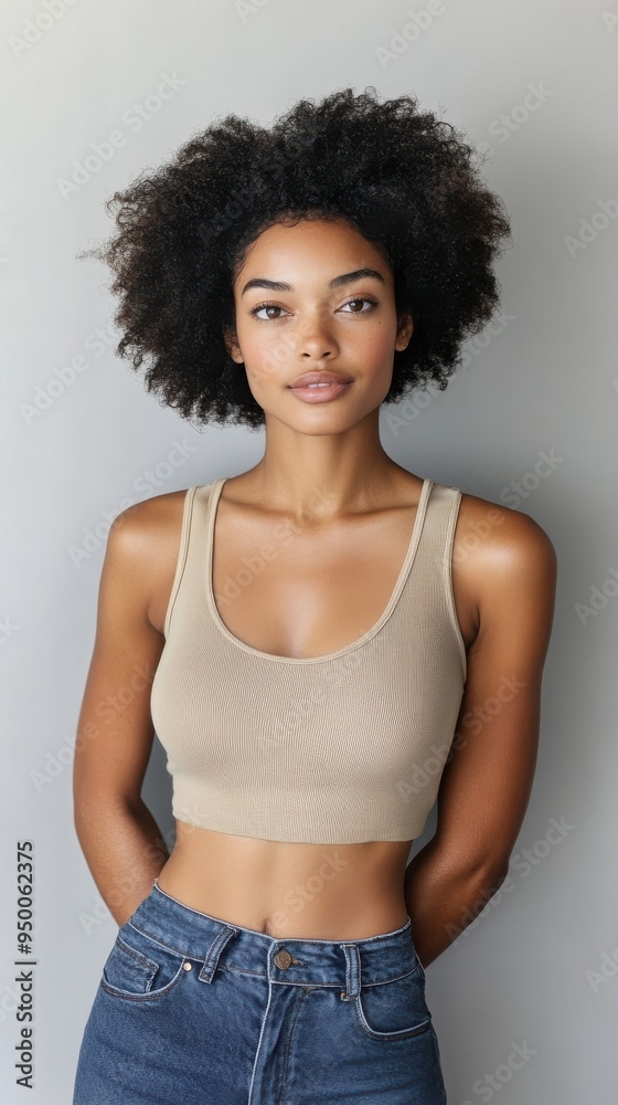 A woman with a natural afro hairstyle, wearing a simple tank top and jeans, standing confidently against a plain background, highlighting her individual style and low-maintenance approach A woman with a natural afro hairstyle, wearing a simple tank top and jeans, standing confidently against a plain background, highlighting her individual style and low-maintenance approach