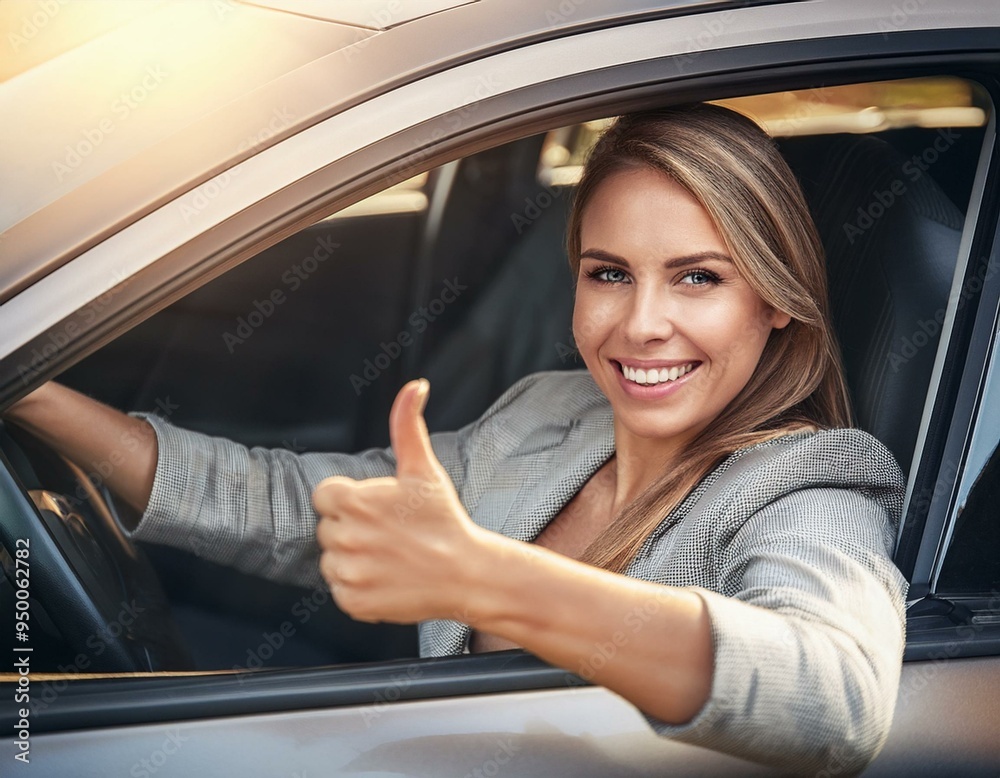 Naklejka premium Woman inside her car gesticulate thumb up