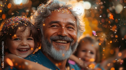 an elderly man with grey hair shares a celebration with a young girl. Both are surrounded by vibrant, colorful confetti that adds a festive atmosphere to the scene.