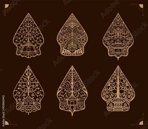 Vector Illustration, Set of Gunungan or Tree of Life Puppets. Hand Drawn Style.
