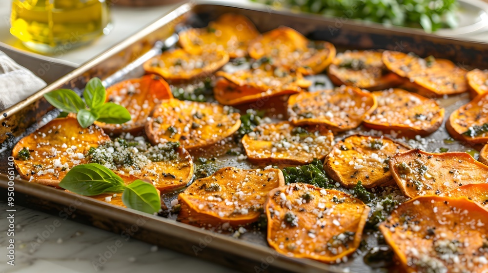 Rustic Snack Time: Wholesome Sweet Potato Chips on a Baking Sheet Rustic Snack Time: Wholesome Sweet Potato Chips on a Baking Sheet