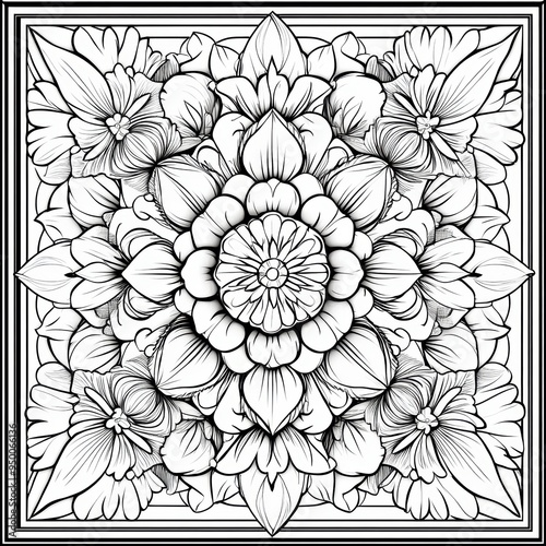 ntricate Mandala Design with Floral and Geometric Elements for Coloring