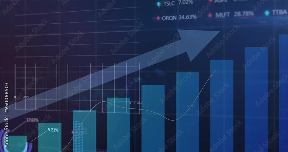 Financial data and stock market growth animation over bar and line charts