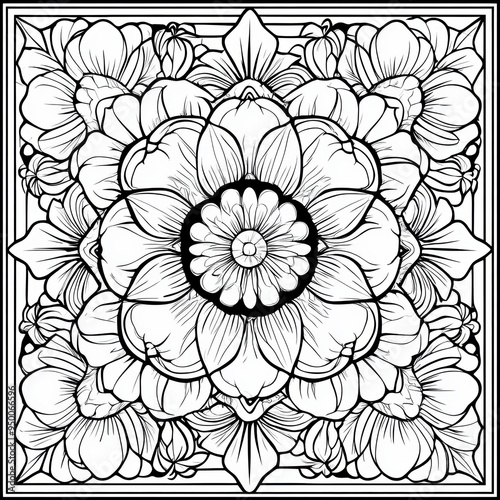 Radiant Floral Mandala with Concentric Petal Arrangements for Art Therapy