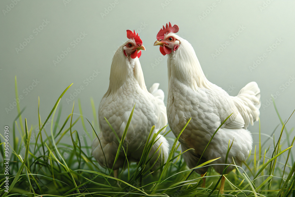 Fototapeta premium The roosters and hens in the rice field. 