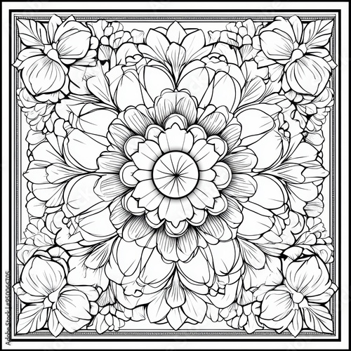 Ornate Floral Mandala with Detailed Petals and Leaves for Creative Expression