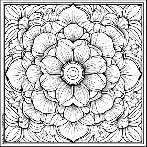 Ornate Floral Mandala with Detailed Petals and Leaves for Creative Expression
