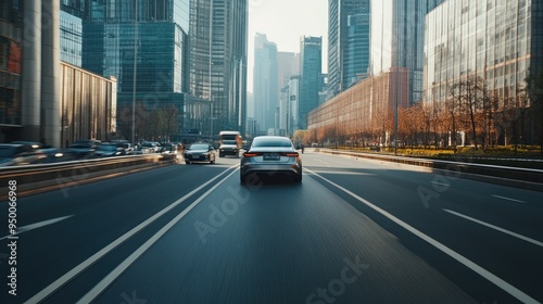 Car driving on a wide city street