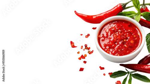 A bowl of vibrant red chili sauce garnished with fresh chili peppers and herbs, perfect for adding a spicy kick to any dish.