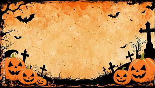 Illustration of a grunge Halloween frame with pumpkins,bats,graves and a spider