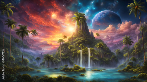 Wallpaper Mural A fantastical landscape featuring a vibrant, cosmic moon rising over a lush tropical jungle.

 Torontodigital.ca