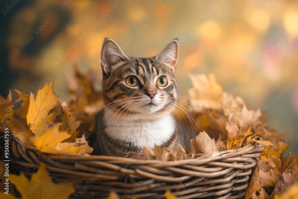 Fototapeta premium cat sitting in a basket with autumn leaves around