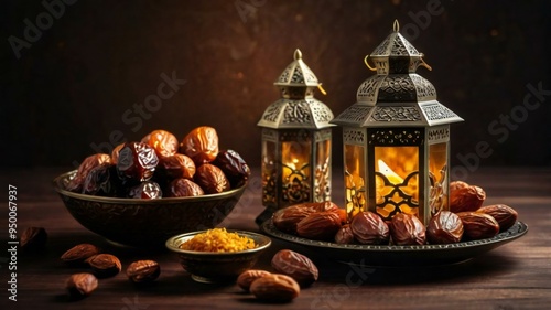 Ramadan kareem with premium dates,nuts and arabic tea. Festive still life with oriental ramadan lantern and iftar food concept