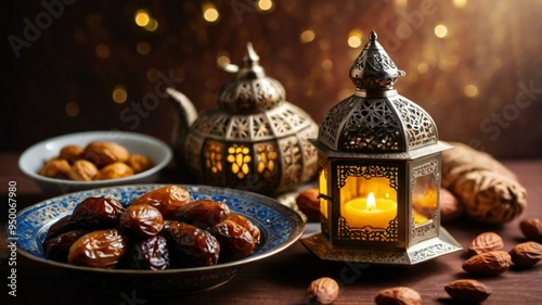 Ramadan kareem with premium dates,nuts and arabic tea. Festive still life with oriental ramadan lantern and iftar food concept