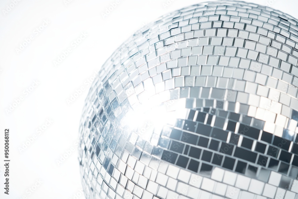 Fototapeta premium close-up of a silver disco ball with a slightly distorted reflection, showcasing its spherical shape and metallic sheen, isolated on a white background