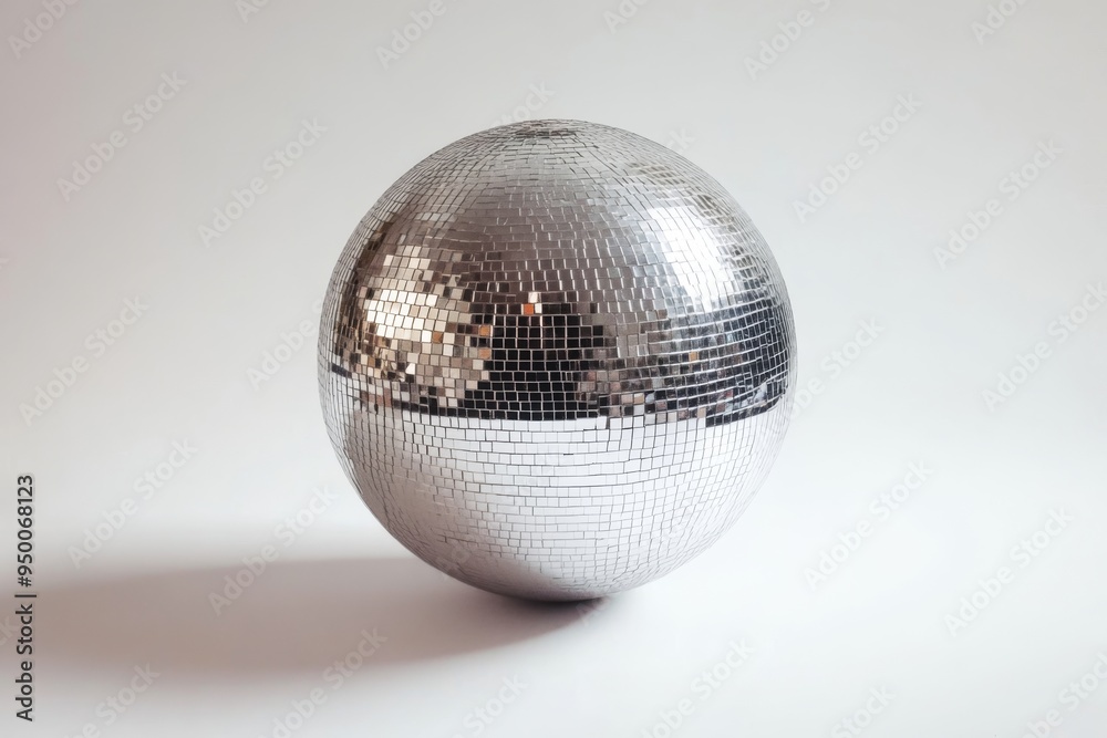 close-up of a silver disco ball with a slightly distorted reflection, showcasing its spherical shape and metallic sheen, isolated on a white background close-up of a silver disco ball with a slightly distorted reflection, showcasing its spherical shape and metallic sheen, isolated on a white background